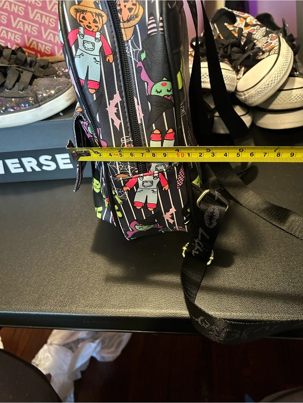 Betsey Johnson Black Mini Backpack with Neon Green & Pink Monster Print